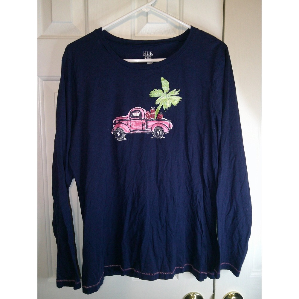 HUE Christmas‎ Truck Palm Tree Graphic Tee Long Sleeve Top Shirt 2X